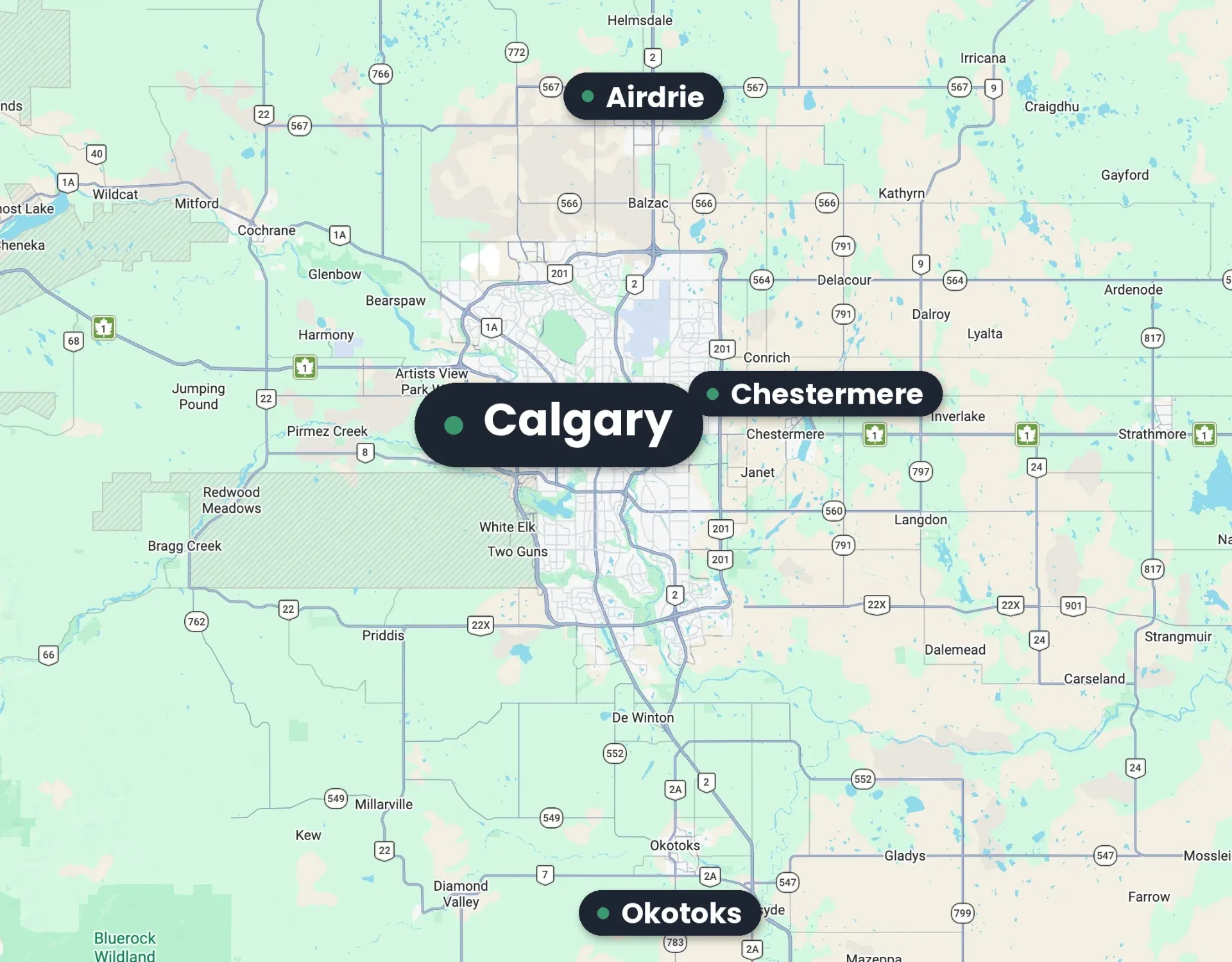 Service area map showing Calgary, Airdrie, Chestermere and Okotoks